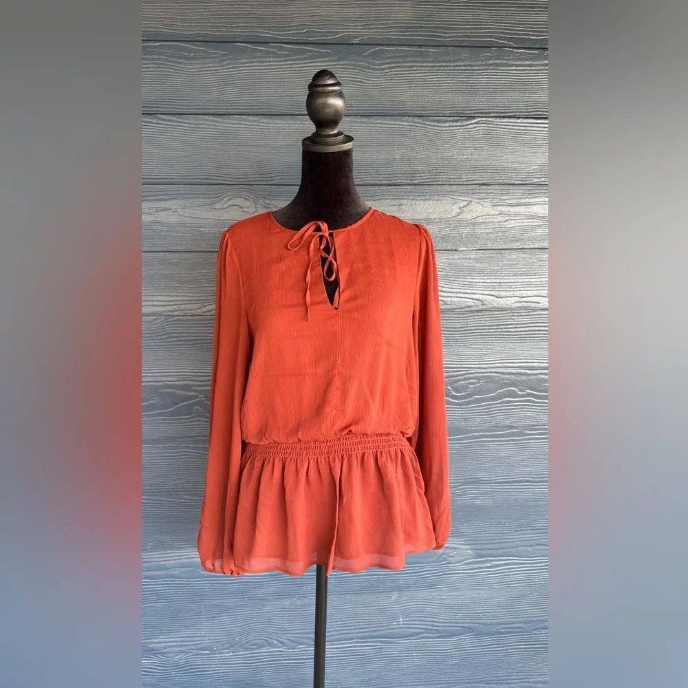 Banana Republic Sheer Peplum Blouse – Rust Red, Long Sleeve, Size S